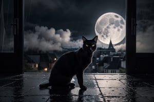 Realistic  close-up shot. a black cat, it is night. Rain-soaked street, dimly lit windows, little light, fog, moon covered by clouds, rain, damp, melancholy, low key black and white photographic
,photorealistic,rfktrfod,zxsmk, Dark_Mediaval