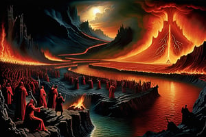 Bring to life a scene from Dante's Inferno. Capture the infernal landscape depicted in the poem, portraying the vivid imagery and intense emotions evoked by Dante's journey through the depths of Hell. Utilize rich colors and intricate details to illustrate the torments and punishments endured by sinners, immersing viewers in the haunting atmosphere of the underworld. High detail hyper realistic --