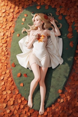 Masterpiece, highest quality, high brightness, 1girl , blonde  hair, long hair, hair ornament, nice dress, cute, masterpiece,, stand next a bench, 1girl,solo,outdoors, leaf trees leafs, naked,(full body:1.3),(lying:1.2),(from above:1.4),nice park and lake, autum season, windy, leafs in the ground background,windlift,ruanyi0231
