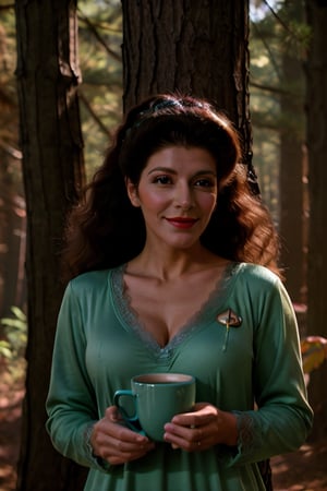 1girl,  selfie, deanna troi, light smile, green lace pijama, holding cup of cofe, wind, messy hair, hazy dawn, forest and cabin, ,dtroi,Nature