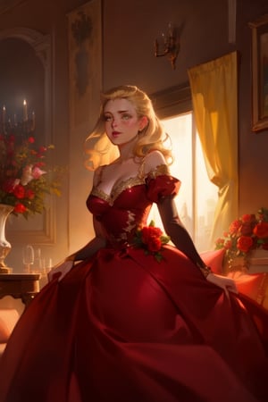 A beautiful blonde woman in an elegant ball gown sits gracefully by the window, surrounded by roses and soft lighting. The room is adorned with vintage furniture, creating a romantic atmosphere reminiscent of old Hollywood glamour. She has her hair styled into classic waves, adding to its timeless elegance. A painting hangs on one wall depicting pink flowers and greenery, enhancing the overall ambiance. This scene captures the essence of romance and luxury in the style of an old Hollywood film. Photorealistic,