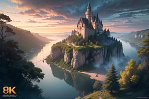 (((masterpiece, best quality, illustration, extremely detailed, 8k, 4k, 2k))), ((extremely detailed eyes)), (high res), (intricate),, a ancient medevial castle in a top of a valey, Natural environment, scenic photo, blue Lake, high cliff face with cascading waterfall, trees and bushes sunset, dramatic light, dark clouds in the sky