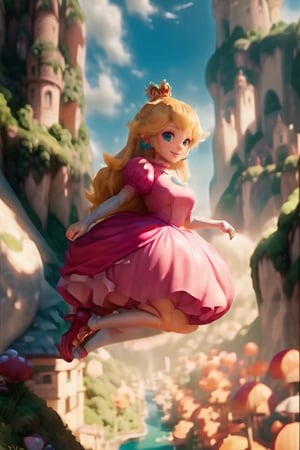 Peach_SMP, , memewaifu, 1girl, solo, dress, heels, curvy body, mushroom kingdom, castle, smile, masterpiece, highres, detailed foreground, mushroom field, jumping over a bridge,   ,princess_peach,Peach_SMP,floating in the air,xuer flies over,,,,cartoon ,3d,<lora:659111690174031528:1.0>,<lora:659111690174031528:1.0>