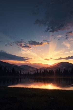 pic of a magnificent sunset over a mountainous landscape, where the high peaks are bathed in a golden light and the sky is painted with soft shades of orange and pink. The clouds extend in dramatic shapes, criando uma cena deslumbrante e serena. No primeiro plano, There is a tranquil lake reflecting the beauty of the sky, while silhouetted trees add a touch of mystery to the landscape. The balanced composition and vastness of nature captured in a convey a sense of calm and wonder at the grandeur of the natural setting. ,prushka