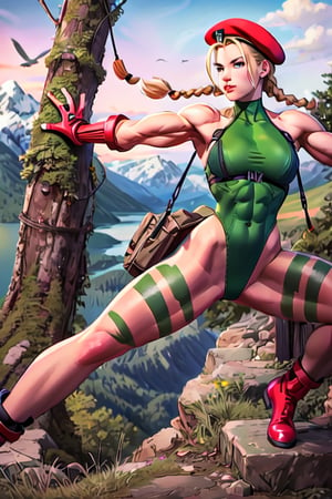 sfr1v, facial portrait, sexy stare, smirked, fighting stance, mountains, birds, trees, waterfall, hodoken,cammy, cammy white,hat,long hair,beret,braid,twin braids,gloves,green leotard,blue eyes,fingerless gloves.scar,highleg leotard,antenna hair,highleg,lips,red gloves,muscular,red headwear,large breasts,camouflage,thick thighs,covered navel,thong leotard,muscular female,abs,scar on face,thigh strap,bare shoulders,bodypaint, sf6,cammy_green_bodysuit_aiwaifu