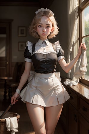 (((portrait shot))), maid, uniform, short skirt, thin legs, thigh gap,, cleaning half body view
,Girl,DisneyAlice