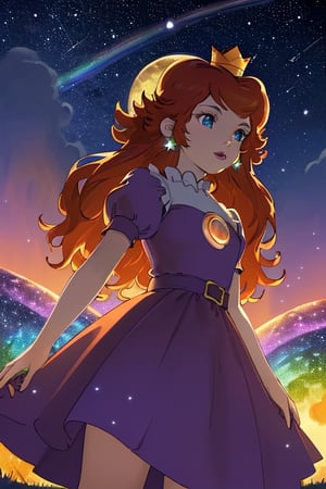 (Masterpiece), (Best Quality), (Official Art, Highly detailed CG unity 8k wallpaper), (Very detailed), (((absurdes)), 1 Girl, Midshot, shot from below, (exquisite facial features), ((Clean hands)), 1girl, brown hair, long hair, blue eyes, crown, earrings, lipstick, light smile, looking at sky, dress, puffy short sleeves, Stars in the Snow, Colorful glass, (album cover) expansive landscape photograph, (Up in the sky, Fields below), a girl standing on a flower field looking up, (full moon: 1.2), distant mountains, WOOD BREAK CRAFT ART, (warm light: 1.2), (Fireflies: 1.2), illumination, Lots of purple and orange, intriciate detail, Voluminous lighting, Realism BREAK (Masterpiece (Best Quality), 4k, The ultra-detailliert, (Dynamic composition: 1.4), Very detailed, Colorful Detail, (Rainbow color: 1.2), (Glow Lighting, Atmospheric lighting), Magical,behind a contellation of stars and meteorites,princesstoadstool