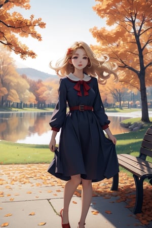 Masterpiece, highest quality, high brightness, 1girl , blonde  hair, long hair, hair ornament, nice dress, cute, masterpiece,, stand next a bench, nice park and lake, autum season, windy, leafs in the ground background,windlift,ruanyi0231