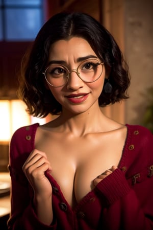 nsfw:1.3, MirabelST, mirabel madrigal, black open-chest sweater, glasses retrato de cuerpo entero, pechos grandes, sagging breasts, bebiendo vino tinto, fondo restaurante tradicional pelicula Encanto, lentes, Maribel Madrigal de Encanto, sonrisa sensual, viendo al espectador, ojos felinos, dinamic_pose:1.3, luz suave,,, breasts squeezed together