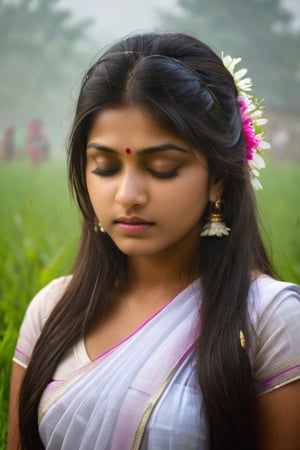 half body shot, young woman, 20yrs old ((foggy indian temple))), at dawn, she is in the grass in ffront of the temple, ((closed eyes)),, (Focus on the face),
Indian young woman,,Pure and restrained girl, ,(a very beautiful and innocent ), High resolution, realistic and delicate high texture,Warm and realistic delicate texture,
She is Praying in the temple, flowers in hair, 
r3al,Indian girl ,Indian,lactating,aesthetic portrait,greg rutkowski