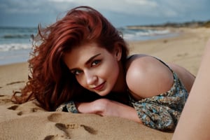 Photorealistic, Alisa Love as Mera, red hair, naked, facial portrait, sexy stare, smirked, lay down on the sand next to the beach, the waves crash on her body