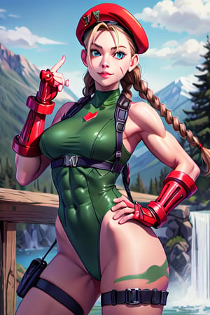 sfr1v, facial portrait, sexy stare, smirked, fighting stance, mountains, birds, trees, waterfall, hodoken,cammy, cammy white,hat,long hair,beret,braid,twin braids,gloves,green leotard,blue eyes,fingerless gloves.scar,highleg leotard,antenna hair,highleg,lips,red gloves,muscular,red headwear,large breasts,camouflage,thick thighs,covered navel,thong leotard,muscular female,abs,scar on face,thigh strap,bare shoulders,bodypaint, sf6,cammy_green_bodysuit_aiwaifu
