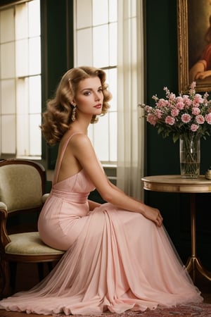 ((portrait shot)), A beautiful blonde woman in an elegant ball gown sits gracefully by the window, surrounded by roses and soft lighting. The room is adorned with vintage furniture, creating a romantic atmosphere reminiscent of old Hollywood glamour. She has her hair styled into classic waves, adding to its timeless elegance. A painting hangs on one wall depicting pink flowers and greenery, enhancing the overall ambiance. This scene captures the essence of romance and luxury in the style of an old Hollywood film. Photorealistic,