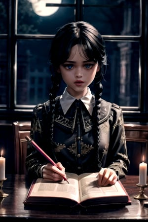 photo, gothic art, abstract:1.5, upper body, 1girl, wednesday addams braids sitting in a glorious luxurious gothic manor window, reading ancient spell book, bright moonlight, at night, long hair, gothic dress, colorful:1.5, symmetrical, masterpiece, 8k, very detailed, charming, sensual, mysterious, centered, lace patterns, candles, flames, 8k,Jenna Ortega ,Whandinha ,Wednesday Addams