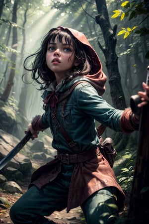 perfect lighting), (masterpiece:1.2), (best quality:1.2), (best aesthetic:1.1), (beautiful art:1.2), (ultra-detailed:1.2), cinematic establishing shot of little red riding hood holding a katana, perfect face, defined eyes, perfect eyes, battle pose, grim expression, ((((action)))), ((movement)), (((motion))), ((dynamic)), dark forest canopy pierced by sunbeams, crisp rendering, massive upgrade, shot on a DSLR,rfktrfod,DORA THE EXPLORER 
