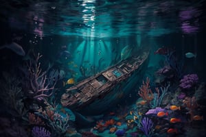 (stunning masterpiece: 1.3), ((12k HDR)), ((under water)), A photo of a marine scientist diver studying remains of a ship, the keel is sunk to the bottom, the ship is split in half, Creatures of Deep waters that inhabit the area, adding to the ominous atmosphere, Lurk in the shadows, Inside and outside the twisted metal wreckage. The colors of the place are muted and gloomy, with rusty metal and rotting wood creating a sense of decay and neglect. Although the surface of the water is calm, ((sun rays)), ((Brilliant diamond splatter)), swirl of air bubbles, sharp focus, intricate detail, high detail, digital art, bright beautiful splatter, sparkling, stunning digital art, interspersed with vibrant colors and surreal fantasy lighting, super detail, digital photography, 8k, sharp focus, ,no_humans,Mermaid