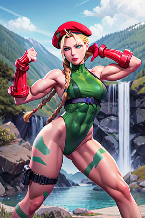 sfr1v, facial portrait, sexy stare, smirked, fighting stance, mountains, birds, trees, waterfall, hodoken,cammy, cammy white,hat,long hair,beret,braid,twin braids,gloves,green leotard,blue eyes,fingerless gloves.scar,highleg leotard,antenna hair,highleg,lips,red gloves,muscular,red headwear,large breasts,camouflage,thick thighs,covered navel,thong leotard,muscular female,abs,scar on face,thigh strap,bare shoulders,bodypaint, sf6,cammy_green_bodysuit_aiwaifu