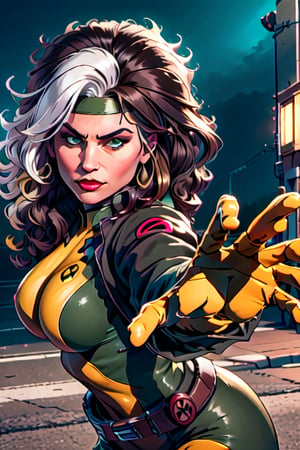 official art,extremely detailed CG unity 8k wallpaper, perfect lighting,Colorful, facial portrait, angry stare, smirked, fighting stance, street city, daytime, wind:1.1, long hair,breasts,brown hair,green eyes,lipstick,makeup,lips,white hair,two-tone hair,headband,wavy hair,large breasts,messy hair,curly hair,big_hair, yellow bodysuit,jacket,gloves,belt,yellow gloves,green bodysuit,bodysuit,multicolored bodysuit,superhero, skin tight,multicolored clothes, CARTOON_X_MENs_Rogue,PepePunchMeme,perfect,hand