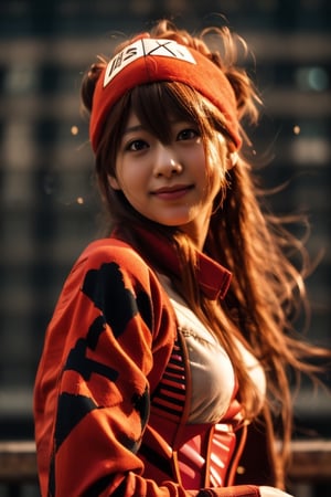 nsfw:1.4 1girl, solo, long hair, brown hair, shirt, bare shoulders, jewelry, liight smile, upper body, earrings, park outdoors, day, blurry, collar, lips, fingernails, plaid, depth of field, blurry background, red shirt, nature, corset, curly hair, realistic, hand on headwear, plaid shirt,Asuka Langley Soryu