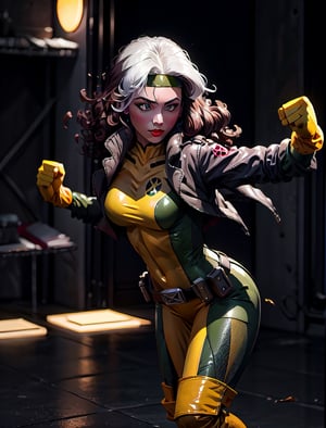 official art,extremely detailed CG unity 8k wallpaper, perfect lighting,Colorful, facial portrait, sexy stare, smirked, fighting stance, top of city, sunset, wind:1.1, long hair,breasts,brown hair,green eyes,lipstick,makeup,lips,white hair,two-tone hair,headband,wavy hair,large breasts,messy hair,curly hair,big_hair, yellow bodysuit,jacket,gloves,belt,yellow gloves,green bodysuit,bodysuit,multicolored bodysuit,superhero, skin tight,multicolored clothes, crossed_arms, flying over the city, fly:1.3, floating:1.3, CARTOON_X_MENs_Rogue