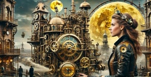 a beautiful girl looking, Streampunk themed, Clockwork  in a city, zepellin fly by sky, steampunk machinery, landscape, yellow and gold moon, dark skies, more_details:1.5

,ste4mpunk,DonMSt34mPXL,HZ Steampunk