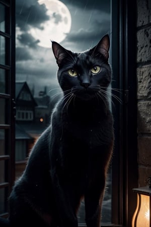 Realistic  close-up shot. a black cat, it is night. Rain-soaked street, dimly lit windows, little light, fog, moon covered by clouds, rain, damp, melancholy, low key black and white photographic
,photorealistic,rfktrfod,zxsmk, Dark_Mediaval