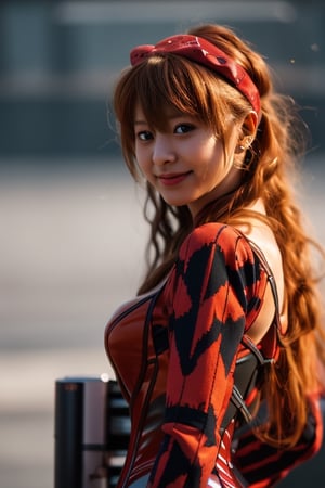 nsfw:1.4 1girl, solo, long hair, brown hair, shirt, bare shoulders, jewelry, liight smile, upper body, earrings, park outdoors, day, blurry, collar, lips, fingernails, plaid, depth of field, blurry background, red shirt, nature, corset, curly hair, realistic, hand on headwear, plaid shirt,Asuka Langley Soryu