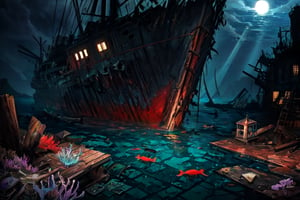 (stunning masterpiece: 1.3), ((12k HDR)), ((under water)), A photo of a marine scientist diver studying remains of a ship, the keel is sunk to the bottom, the ship is split in half, Creatures of Deep waters that inhabit the area, adding to the ominous atmosphere, Lurk in the shadows, Inside and outside the twisted metal wreckage. The colors of the place are muted and gloomy, with rusty metal and rotting wood creating a sense of decay and neglect. Although the surface of the water is calm, ((sun rays)), ((Brilliant diamond splatter)), swirl of air bubbles, sharp focus, intricate detail, high detail, digital art, bright beautiful splatter, sparkling, stunning digital art, interspersed with vibrant colors and surreal fantasy lighting, super detail, digital photography, 8k, sharp focus, ,no_humans