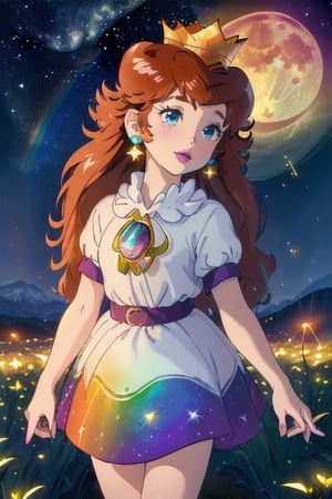 (Masterpiece), (Best Quality), (Official Art, Highly detailed CG unity 8k wallpaper), (Very detailed), (((absurdes)), 1 Girl, Midshot, (exquisite facial features), ((Clean hands)), 1girl, brown hair, long hair, blue eyes, crown, earrings, lipstick Naked, nude, no_clothes, Stars in the Snow, Colorful glass, (album cover) expansive landscape photograph, (Up in the sky, Fields below), a girl standing on a flower field looking up, (full moon: 1.2), distant mountains, WOOD BREAK CRAFT ART, (warm light: 1.2), (Fireflies: 1.2), illumination, Lots of purple and orange, intriciate detail, Voluminous lighting, Realism BREAK (Masterpiece (Best Quality), 4k, The ultra-detailliert, (Dynamic composition: 1.4), Very detailed, Colorful Detail, (Rainbow color: 1.2), (Glow Lighting, Atmospheric lighting), Magical,behind a contellation of stars and meteorites,princesstoadstool