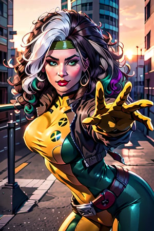 official art,extremely detailed CG unity 8k wallpaper, perfect lighting,Colorful, facial portrait, sexy stare, smirked, fighting stance, top of city, sunset, wind:1.1, long hair,breasts,brown hair,green eyes,lipstick,makeup,lips,white hair,two-tone hair,headband,wavy hair,large breasts,messy hair,curly hair,big_hair, yellow bodysuit,jacket,gloves,belt,yellow gloves,green bodysuit,bodysuit,multicolored bodysuit,superhero, skin tight,multicolored clothes, CARTOON_X_MENs_Rogue,PepePunchMeme,perfect