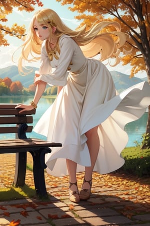 Masterpiece, highest quality, high brightness, 1girl , blonde  hair, long hair, hair ornament, nice dress, cute, masterpiece,, stand next a bench, nice park and lake, autum season, windy, leafs in the ground background,windlift