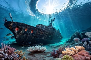 (stunning masterpiece: 1.3), ((12k HDR)), ((under water)), A photo of a marine scientist diver studying remains of a ship, the keel is sunk to the bottom, the ship is split in half, Creatures of Deep waters that inhabit the area, adding to the ominous atmosphere, Lurk in the shadows, Inside and outside the twisted metal wreckage. The colors of the place are muted and gloomy, with rusty metal and rotting wood creating a sense of decay and neglect. Although the surface of the water is calm, ((sun rays)), ((Brilliant diamond splatter)), swirl of air bubbles, sharp focus, intricate detail, high detail, digital art, bright beautiful splatter, sparkling, stunning digital art, interspersed with vibrant colors and surreal fantasy lighting, super detail, digital photography, 8k, sharp focus, ,no_humans