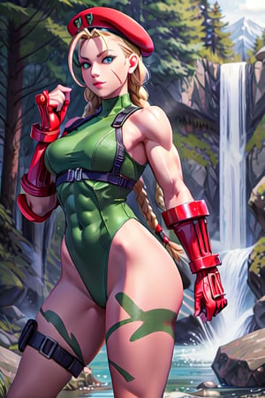 sfr1v, facial portrait, sexy stare, smirked, fighting stance, mountains, birds, trees, waterfall, hodoken,cammy, cammy white,hat,long hair,beret,braid,twin braids,gloves,green leotard,blue eyes,fingerless gloves.scar,highleg leotard,antenna hair,highleg,lips,red gloves,muscular,red headwear,large breasts,camouflage,thick thighs,covered navel,thong leotard,muscular female,abs,scar on face,thigh strap,bare shoulders,bodypaint, sf6,cammy_green_bodysuit_aiwaifu