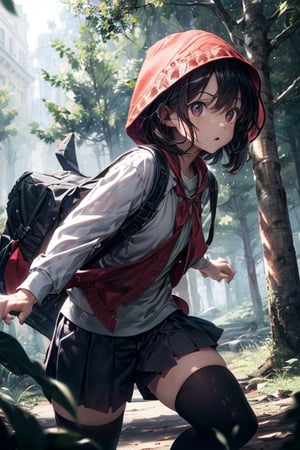 perfect lighting), (masterpiece:1.2), (best quality:1.2), (best aesthetic:1.1), (beautiful art:1.2), (ultra-detailed:1.2), cinematic establishing shot of little red riding hood holding a katana, perfect face, defined eyes, perfect eyes, battle pose, grim expression, ((((action)))), ((movement)), (((motion))), ((dynamic)), dark forest canopy pierced by sunbeams, crisp rendering, massive upgrade, shot on a DSLR,rfktrfod,DORA THE EXPLORER 