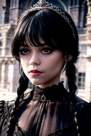 closeup of (ohwx woman),symmetrical, masterpiece, 8k, very detailed, charming, sensual, mysterious, centered, lace patterns,  wearing gothic clothes, braided pigtails, in a got, sharp focus, looking at the camera, makeup, cinematic look,  night time, Mystical atmosphere photo, gothic art, abstract:1.5, upper body, 1girl,  long hair, gothic dress, colorful:1.5,  cristina ricci, Whandinha ,Wednesday Addams