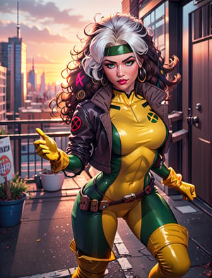 official art,extremely detailed CG unity 8k wallpaper, perfect lighting,Colorful, facial portrait, sexy stare, smirked, fighting stance, top of city, sunset, wind:1.1, long hair,breasts,brown hair,green eyes,lipstick,makeup,lips,white hair,two-tone hair,headband,wavy hair,large breasts,messy hair,curly hair,big_hair, yellow bodysuit,jacket,gloves,belt,yellow gloves,green bodysuit,bodysuit,multicolored bodysuit,superhero, skin tight,multicolored clothes, CARTOON_X_MENs_Rogue