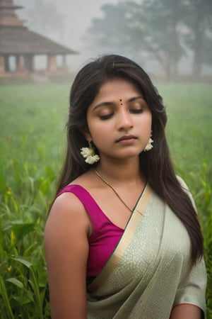 half body shot, young woman, 20yrs old ((foggy indian temple))), at dawn, she is in the grass in ffront of the temple, ((closed eyes)),, (Focus on the face),
Indian young woman,,Pure and restrained girl, ,(a very beautiful and innocent ), High resolution, realistic and delicate high texture,Warm and realistic delicate texture,
She is Praying in the temple, flowers in hair, 
r3al,Indian girl ,Indian,lactating,aesthetic portrait,greg rutkowski