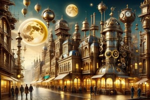 Streampunk themed, Clockwork  in a city, zepellin fly by sky, steampunk machinery, landscape, yellow and gold moon, dark skies, more_details:1.5

,ste4mpunk,DonMSt34mPXL