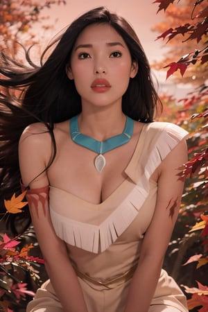 masterpiece, best quality, 1girl, pocahontas, dark skin, black hair, long hair, (floating hair:0.5), black eyes, wind color, leaf, fall, pink and red theme, magical wind, solo, looking at viewer,  