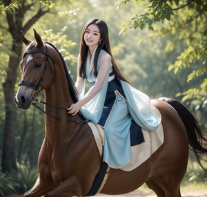 8k, (outdoor forest scene),trees, foggy,
20 yo, 1girl, beautiful girl, (wearing beautiful light blue hanfu (white transparent)),cape(white transparent),(riding a horse:1.4),shining bracelet, smile, solo, {beautiful and detailed eyes}, dark eyes, calm expression, natural and soft light, delicate facial features, ((model pose)), Glamor body type, (dark hair:1.2), simple tiny earrings,very_long_hair,hair past hip, bang,straight hair, flim grain, masterpiece, Best Quality, 16k, photorealistic, ultra-detailed, finely detailed, high resolution, perfect dynamic composition, beautiful detailed eyes, eye smile, sharp-focus, full_body,, cowboy_shot, Bomi,ancient_chinese_indoors,horse,riding,horseback_riding,1girl, (view from front:1.4), 1 girl 