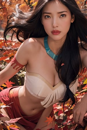 masterpiece, best quality, 1girl, pocahontas, dark skin, black hair, long hair, (floating hair:0.5), black eyes, wind color, leaf, fall, pink and red theme, magical wind, solo, looking at viewer,  