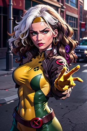 official art,extremely detailed CG unity 8k wallpaper, perfect lighting,Colorful, facial portrait, angry stare, smirked, fighting stance, street city, daytime, wind:1.1, long hair,breasts,brown hair,green eyes,lipstick,makeup,lips,white hair,two-tone hair,headband,wavy hair,large breasts,messy hair,curly hair,big_hair, yellow bodysuit,jacket,gloves,belt,yellow gloves,green bodysuit,bodysuit,multicolored bodysuit,superhero, skin tight,multicolored clothes, CARTOON_X_MENs_Rogue,PepePunchMeme,perfect,hand