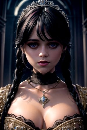 closeup of (ohwx woman),symmetrical, masterpiece, 8k, very detailed, charming, sensual, mysterious, centered, lace patterns,  wearing gothic clothes, braided pigtails, in a got, sharp focus, looking at the camera, makeup, cinematic look,  night time, Mystical atmosphere photo, gothic art, abstract:1.5, upper body, 1girl,  long hair, gothic dress, colorful:1.5,  cristina ricci, Whandinha ,Wednesday Addams