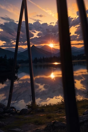 pic of a magnificent sunset over a mountainous landscape, where the high peaks are bathed in a golden light and the sky is painted with soft shades of orange and pink. The clouds extend in dramatic shapes, criando uma cena deslumbrante e serena. No primeiro plano, There is a tranquil lake reflecting the beauty of the sky, while silhouetted trees add a touch of mystery to the landscape. The balanced composition and vastness of nature captured in a convey a sense of calm and wonder at the grandeur of the natural setting. ,prushka