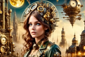 a beautiful girl looking, Streampunk themed, Clockwork  in a city, zepellin fly by sky, steampunk machinery, landscape, yellow and gold moon, dark skies, more_details:1.5

,ste4mpunk,DonMSt34mPXL,HZ Steampunk
