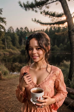 1girl,  selfie, Jenna Ortega, light smile, red lace pijama, holding cup of cofe, wind, messy hair, hazy dawn, forest and cabin, ,dtroi,Nature,Jenna Ortega 