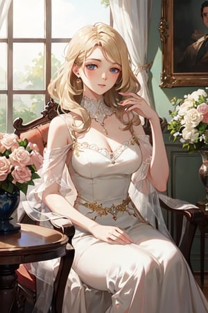 ((portrait shot)), A beautiful blonde woman in an elegant ball gown sits gracefully by the window, surrounded by roses and soft lighting. The room is adorned with vintage furniture, creating a romantic atmosphere reminiscent of old Hollywood glamour. She has her hair styled into classic waves, adding to its timeless elegance. A painting hangs on one wall depicting pink flowers and greenery, enhancing the overall ambiance. This scene captures the essence of romance and luxury in the style of an old Hollywood film. Photorealistic,jazmin,photorealistic