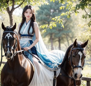 8k, (outdoor forest scene),trees, foggy,
20 yo, 1girl, beautiful girl, (wearing beautiful light blue hanfu (white transparent)),cape(white transparent),(riding a horse:1.4),shining bracelet, smile, solo, {beautiful and detailed eyes}, dark eyes, calm expression, natural and soft light, delicate facial features, ((model pose)), Glamor body type, (dark hair:1.2), simple tiny earrings,very_long_hair,hair past hip, bang,straight hair, flim grain, masterpiece, Best Quality, 16k, photorealistic, ultra-detailed, finely detailed, high resolution, perfect dynamic composition, beautiful detailed eyes, eye smile, sharp-focus, full_body,, cowboy_shot, Bomi,ancient_chinese_indoors,horse,riding,horseback_riding,1girl, (view from front:1.4), 1 girl 