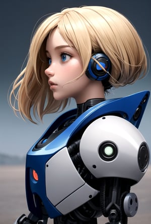 beautiful little girl, blonde, loose hair, 8 years old standing in front of a funny, futuristic looking worn-out robot staring into each other's eyes, profile view, photorealism, photographic look, RAW style, highly detailed, ultra high definition,3d