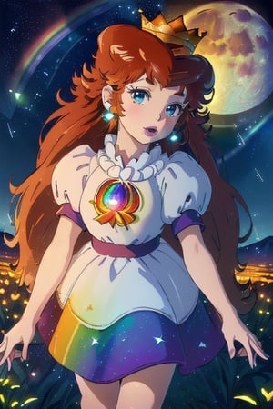 (Masterpiece), (Best Quality), (Official Art, Highly detailed CG unity 8k wallpaper), (Very detailed), (((absurdes)), 1 Girl, Midshot, (exquisite facial features), ((Clean hands)), 1girl, brown hair, long hair, blue eyes, crown, earrings, lipstick dress, puffy short sleeves, Stars in the Snow, Colorful glass, (album cover) expansive landscape photograph, (Up in the sky, Fields below), a girl standing on a flower field looking up, (full moon: 1.2), distant mountains, WOOD BREAK CRAFT ART, (warm light: 1.2), (Fireflies: 1.2), illumination, Lots of purple and orange, intriciate detail, Voluminous lighting, Realism BREAK (Masterpiece (Best Quality), 4k, The ultra-detailliert, (Dynamic composition: 1.4), Very detailed, Colorful Detail, (Rainbow color: 1.2), (Glow Lighting, Atmospheric lighting), Magical,behind a contellation of stars and meteorites,princesstoadstool